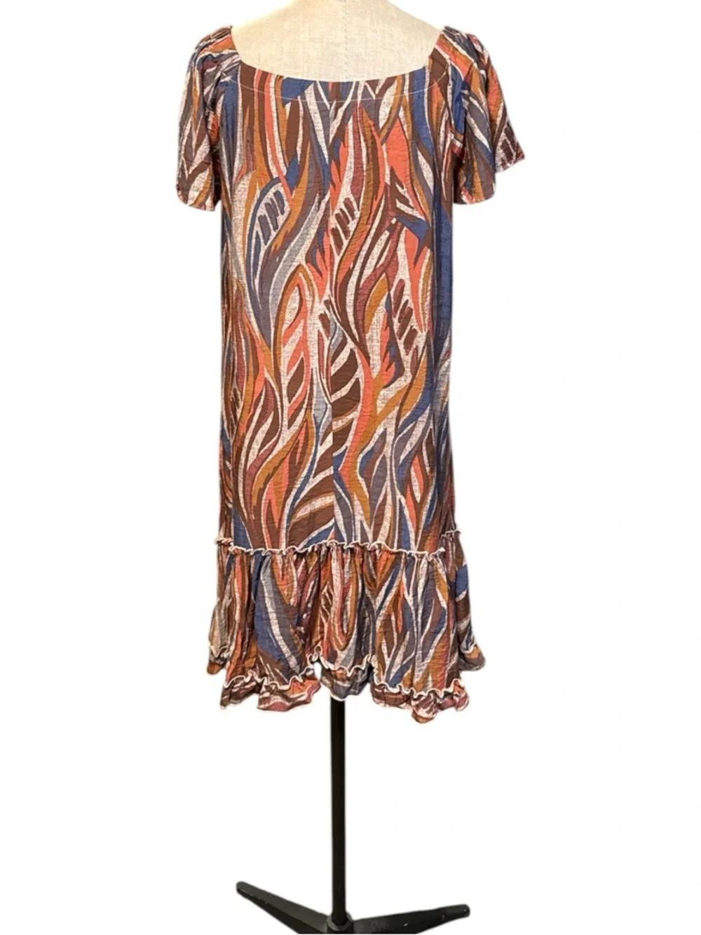 Robbie Bee Boho Mini Dress Earth Tone Abstract Print Ruffle Hem Flowy Size L - Picture 4 of 8